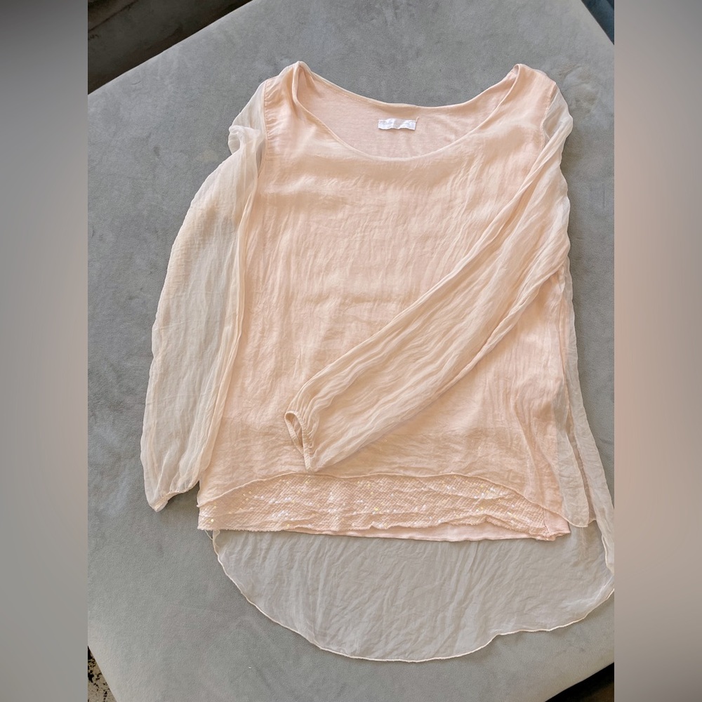 Gorgeous pale pink 100% silk top with sequin accents by Dolce Ragazza.